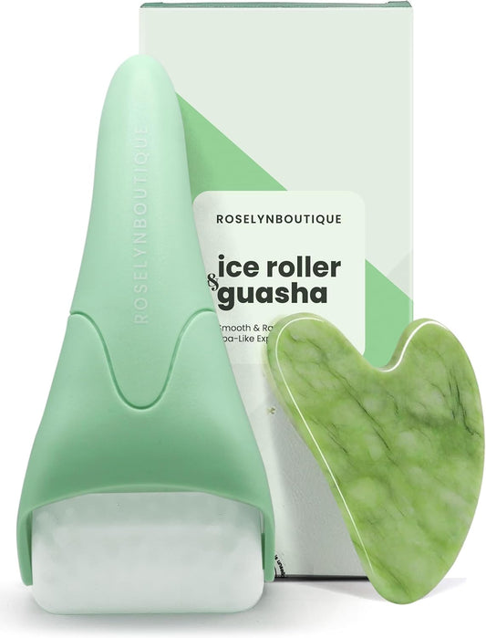Gua Sha Facial Tools & Ice Roller for Face (Green) | Wrinkles Fine Lines Puffiness Massager Facial Self Care Gifts for Men Women