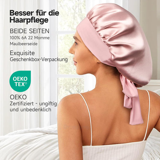 100% 22 Momme De Mûrier Bonnet Soie Cheveux Nuit Pour Dormir, Rose | Bonnet De Nuit Doux En Soie Double Couche Pour Cheveux Frisés, Respirant, Large Bande Ajustable Pour Attacher À La Tête