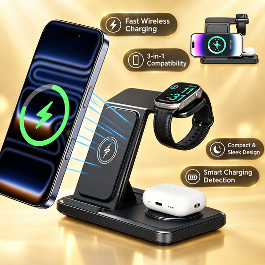 3-in-1 Kabellose Ladestation – Handy, Uhr & Kopfhörer