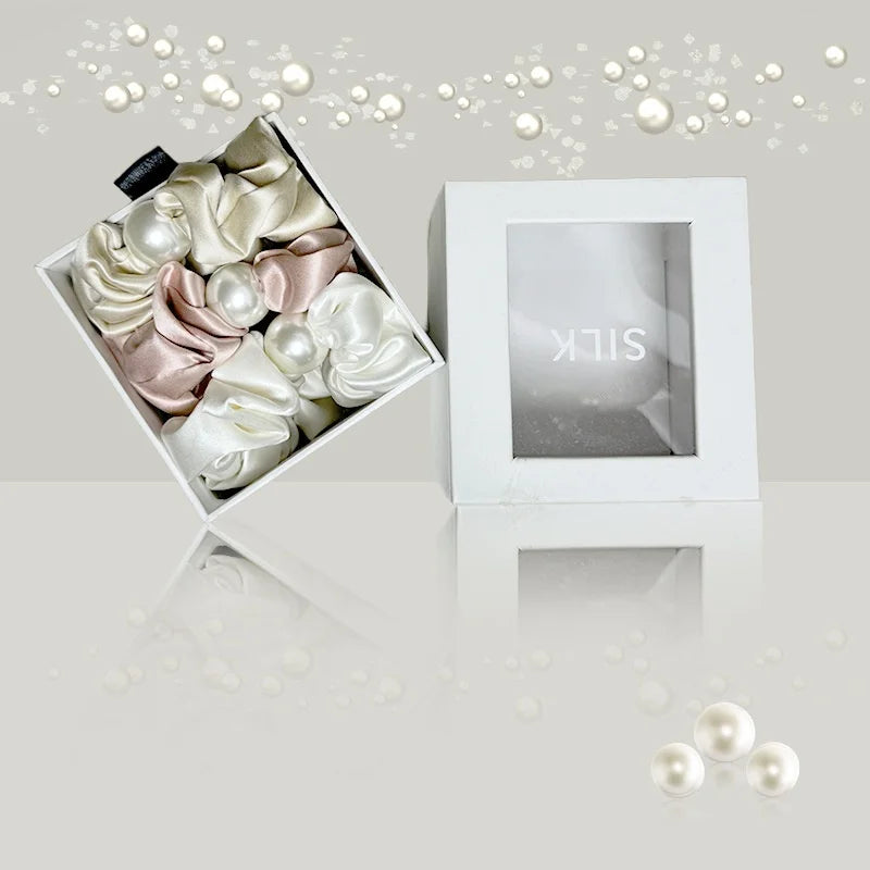 22 Momme Silk Scrunchie – Pink, White & Rose Gold