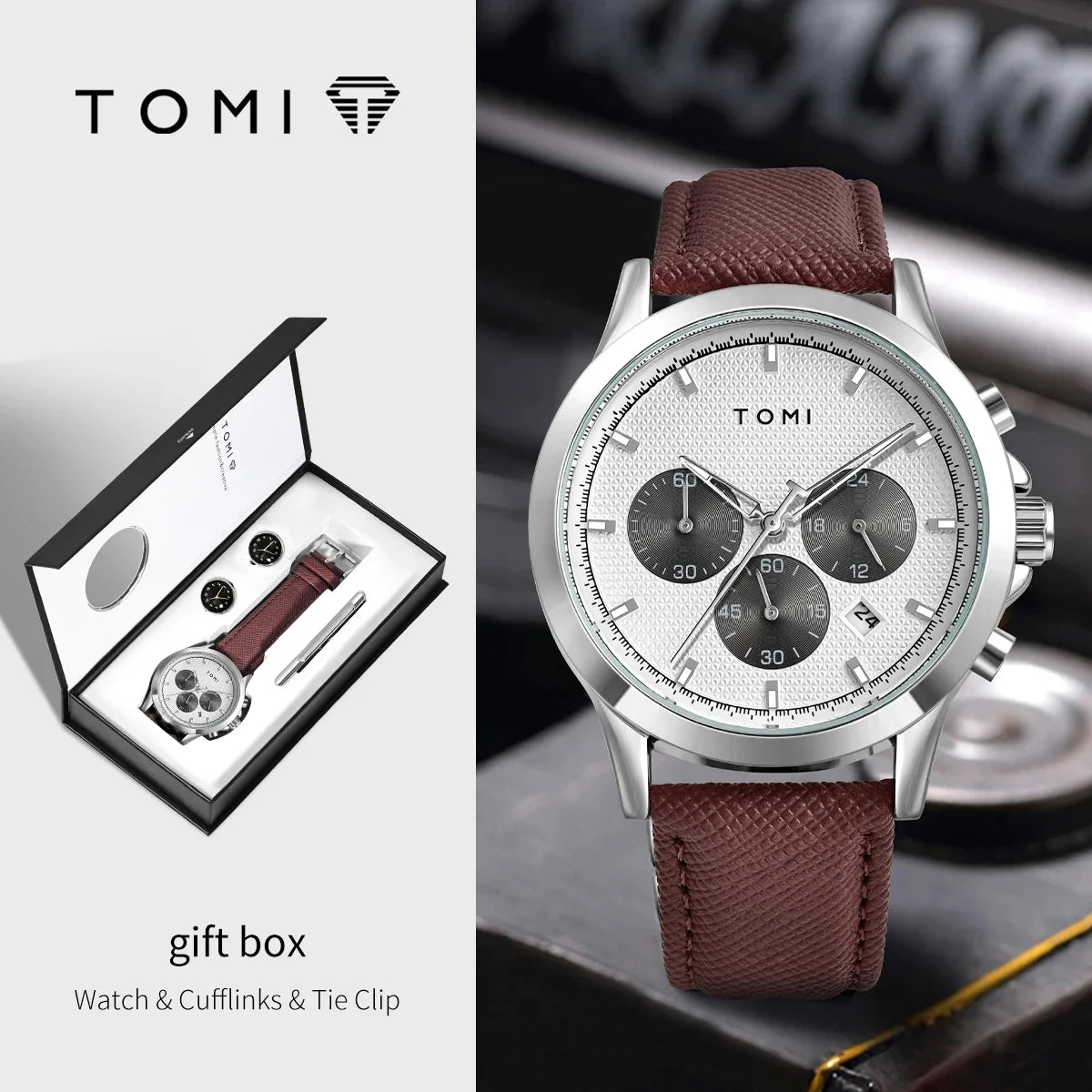 Men's Watch Gift Set with Cufflinks & Tie Clip