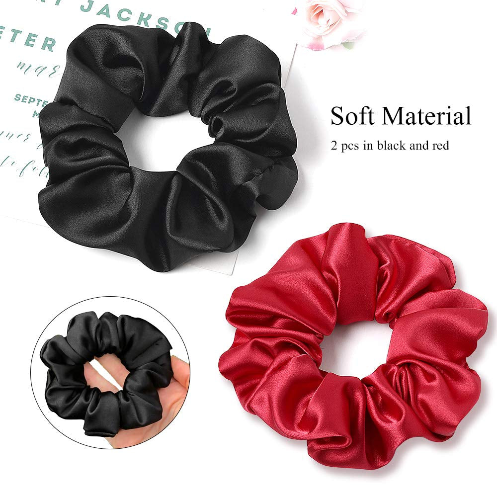 Silk Hair Scrunchies Black Red for Women Girls Curly Thick Hair Big Mulberry Silky Sleep Scrunchy Satin Elastic Hair Tie Bands Fashion Ponytail Holder 90S Accessories