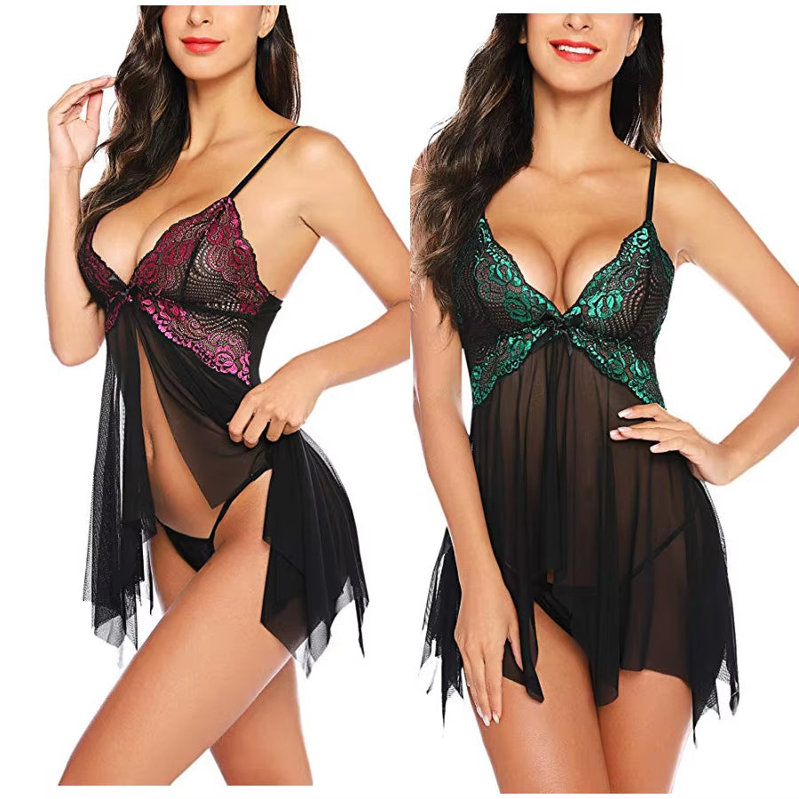 Underwear Women Sexy Lingerie Erotic Dress See-Through Lace Pajamas Sleepwear Nightdress + Thong Sexy Costumes Sex Dress