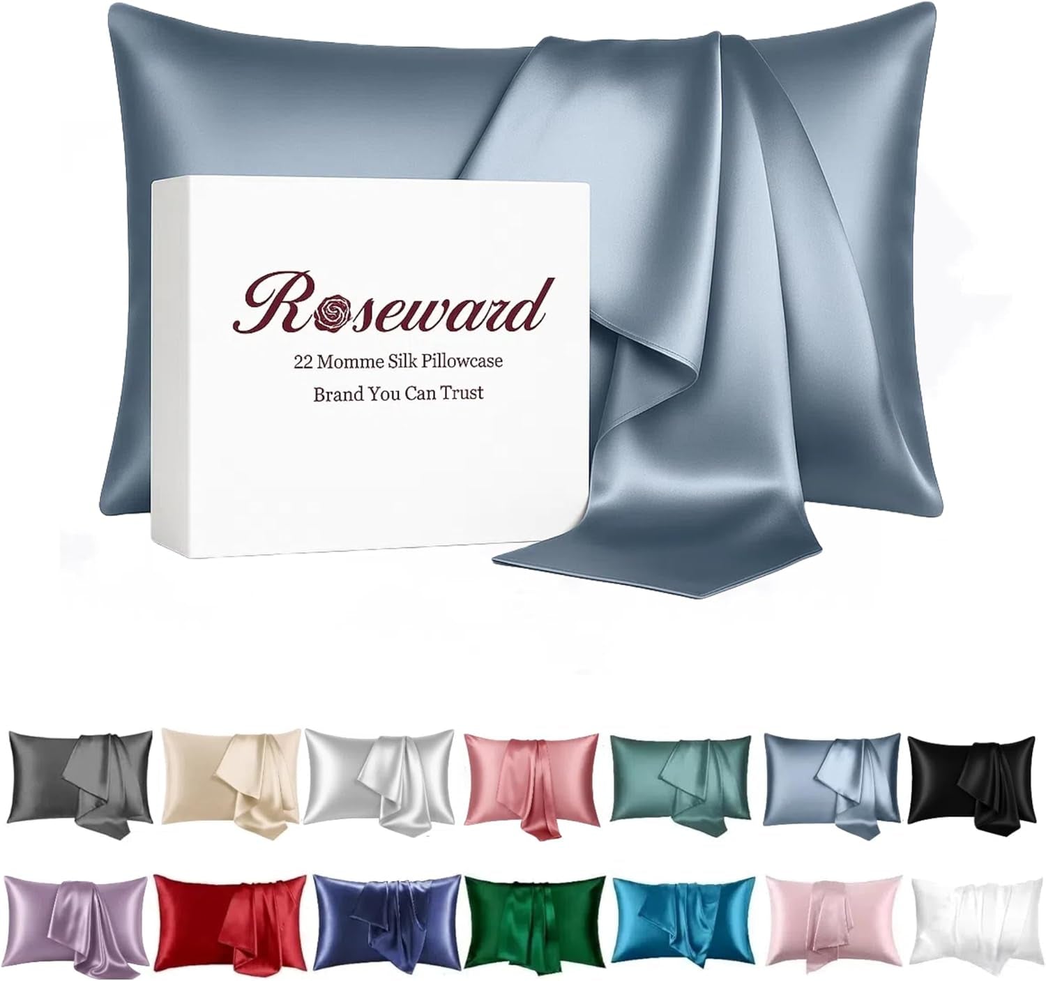 100% Mulberry Silk Pillowcase for Hair and Skin, USA, Real 22 Momme Silk Pillow Cases Queen, Not Satin Pillowcase, anti Acne,Zipper Closure, 1 Pc 20"X30" (Queen, Blue Grey)