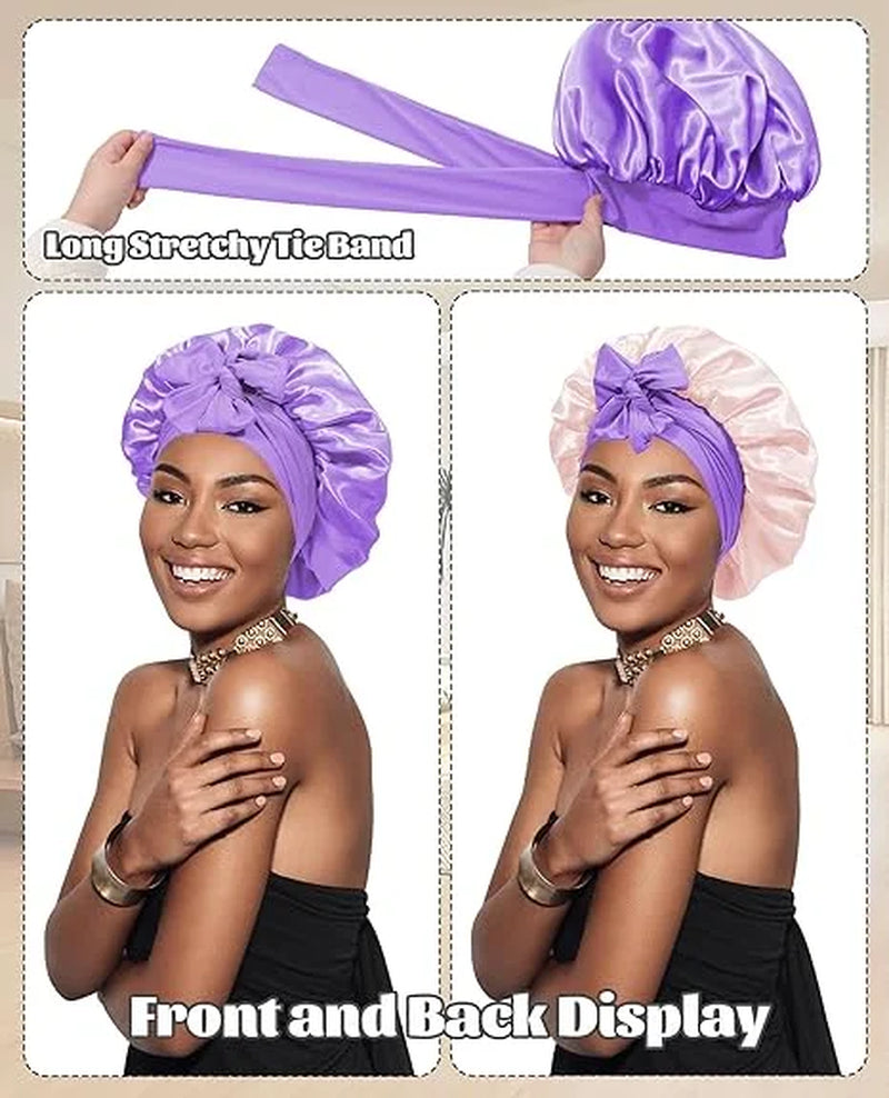 Satin Bonnet Silk Bonnet for Sleeping Silk Sleep Cap Double Layer Hair Bonnet with Elastic Tie Band