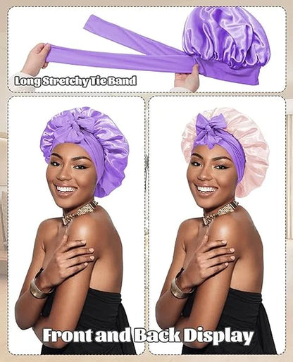 Satin Bonnet Silk Bonnet for Sleeping Silk Sleep Cap Double Layer Hair Bonnet with Elastic Tie Band