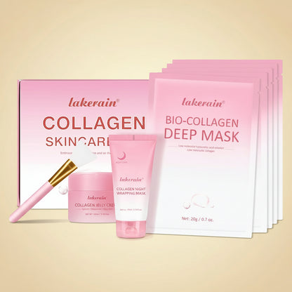 Collagen Skincare Set, 5 Pcs Bio-Collagen Deep Hydrating Mask & Night Wrapping Peel off Facial Mask and Jelly Cream, for Firming & Glowing Skin