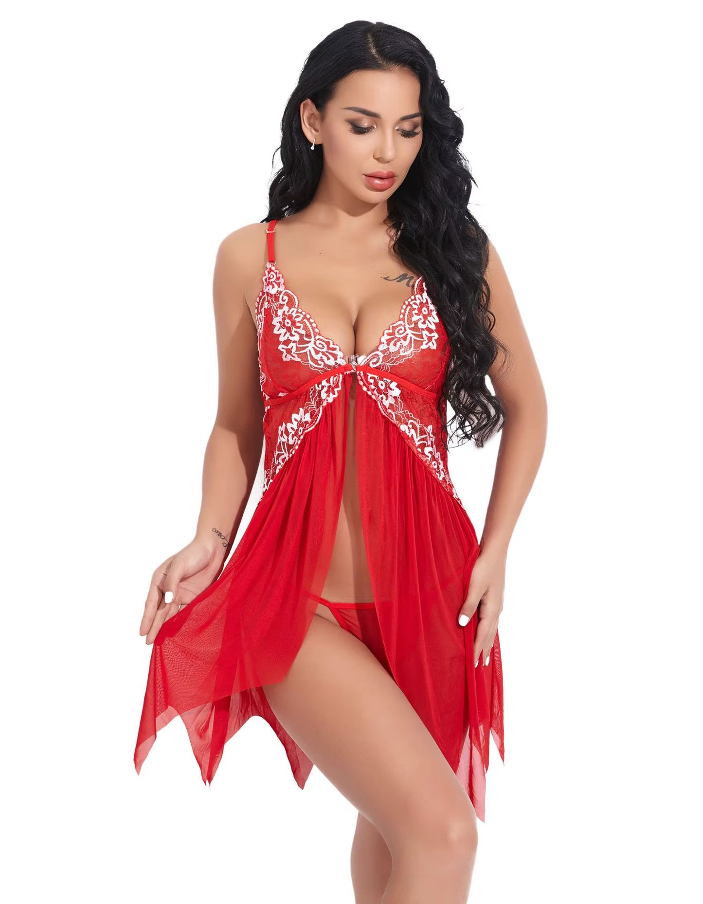 Underwear Women Sexy Lingerie Erotic Dress See-Through Lace Pajamas Sleepwear Nightdress + Thong Sexy Costumes Sex Dress