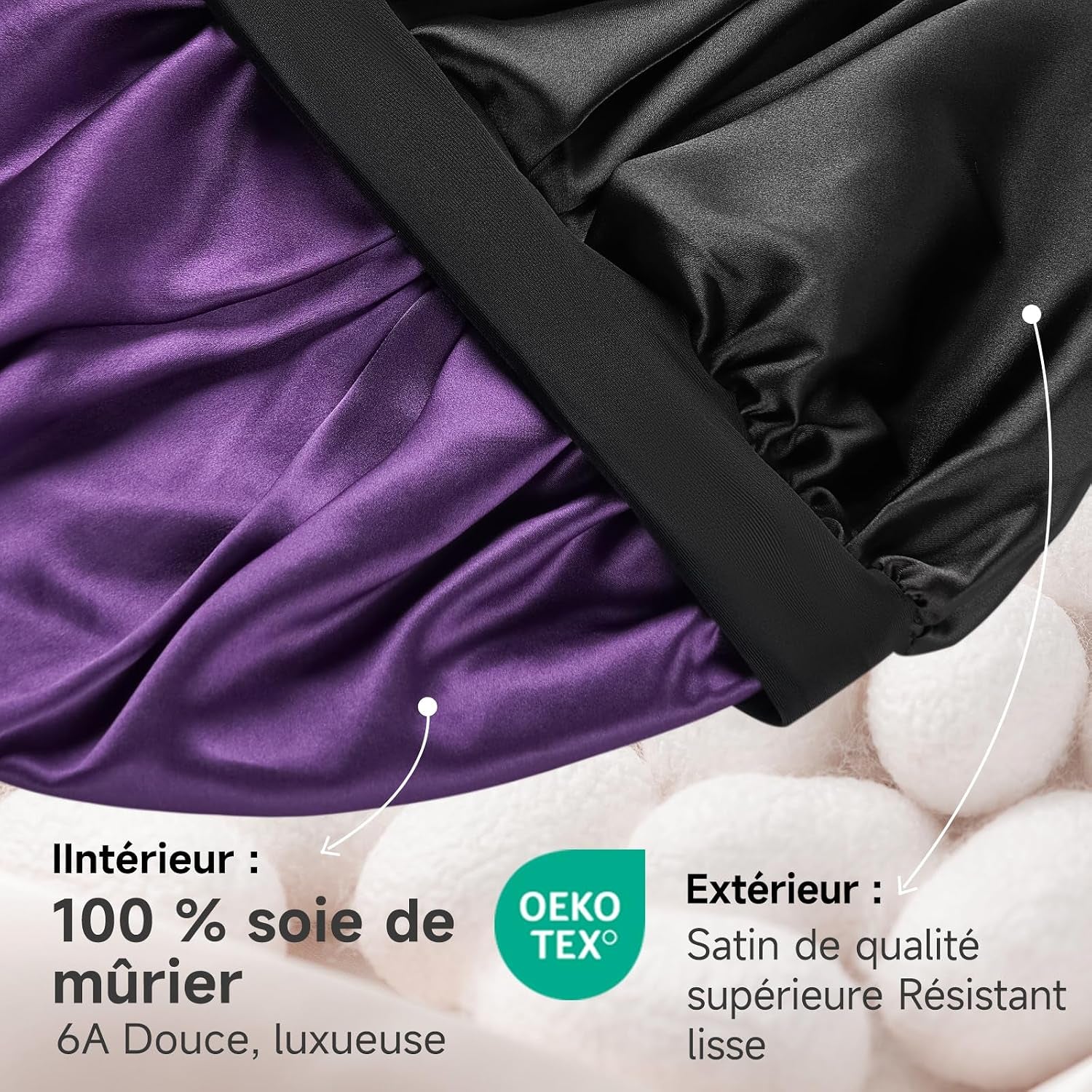 Bonnet Soie Cheveux Nuit 22 Momme, Doublure Soie De Mûrier, Doux | 100 % Soie 6A, Double Couche, Grande Taille Pour Cheveux Longs Ou Bouclés, Bande Large Réglable, Antiglisse, Noir+Violet