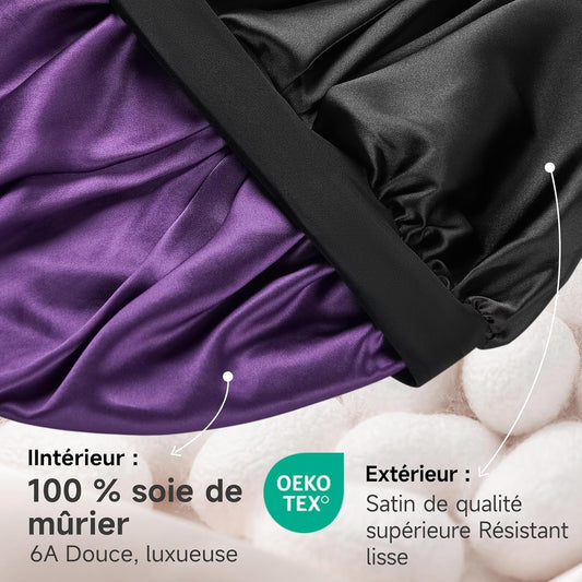 Bonnet Soie Cheveux Nuit 22 Momme, Doublure Soie De Mûrier, Doux | 100 % Soie 6A, Double Couche, Grande Taille Pour Cheveux Longs Ou Bouclés, Bande Large Réglable, Antiglisse, Noir+Violet