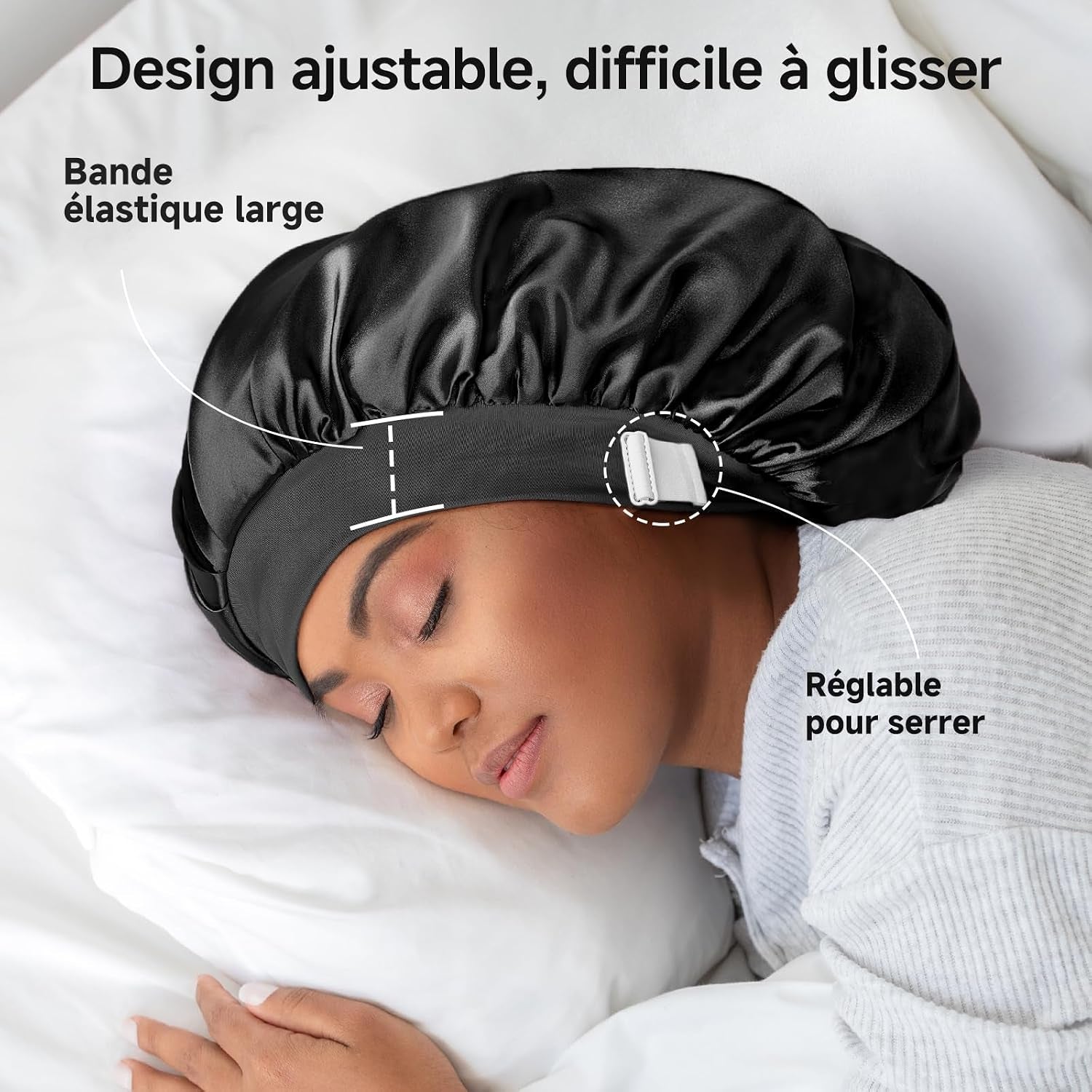 Bonnet Soie Cheveux Nuit 22 Momme, Doublure Soie De Mûrier, Doux | 100 % Soie 6A, Double Couche, Grande Taille Pour Cheveux Longs Ou Bouclés, Bande Large Réglable, Antiglisse, Noir+Violet