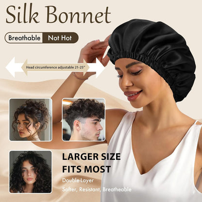 Bonnet for Sleeping Women & Men, Double Layer Soft Silk Hair Bonnet | Minimizes Hair Friction and Breakage ; Comes with a Soft Mark-Free Elastic Band Suited for Natural Curly Hair.