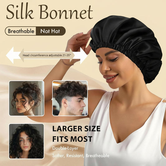 Bonnet for Sleeping Women & Men, Double Layer Soft Silk Hair Bonnet | Minimizes Hair Friction and Breakage ; Comes with a Soft Mark-Free Elastic Band Suited for Natural Curly Hair.