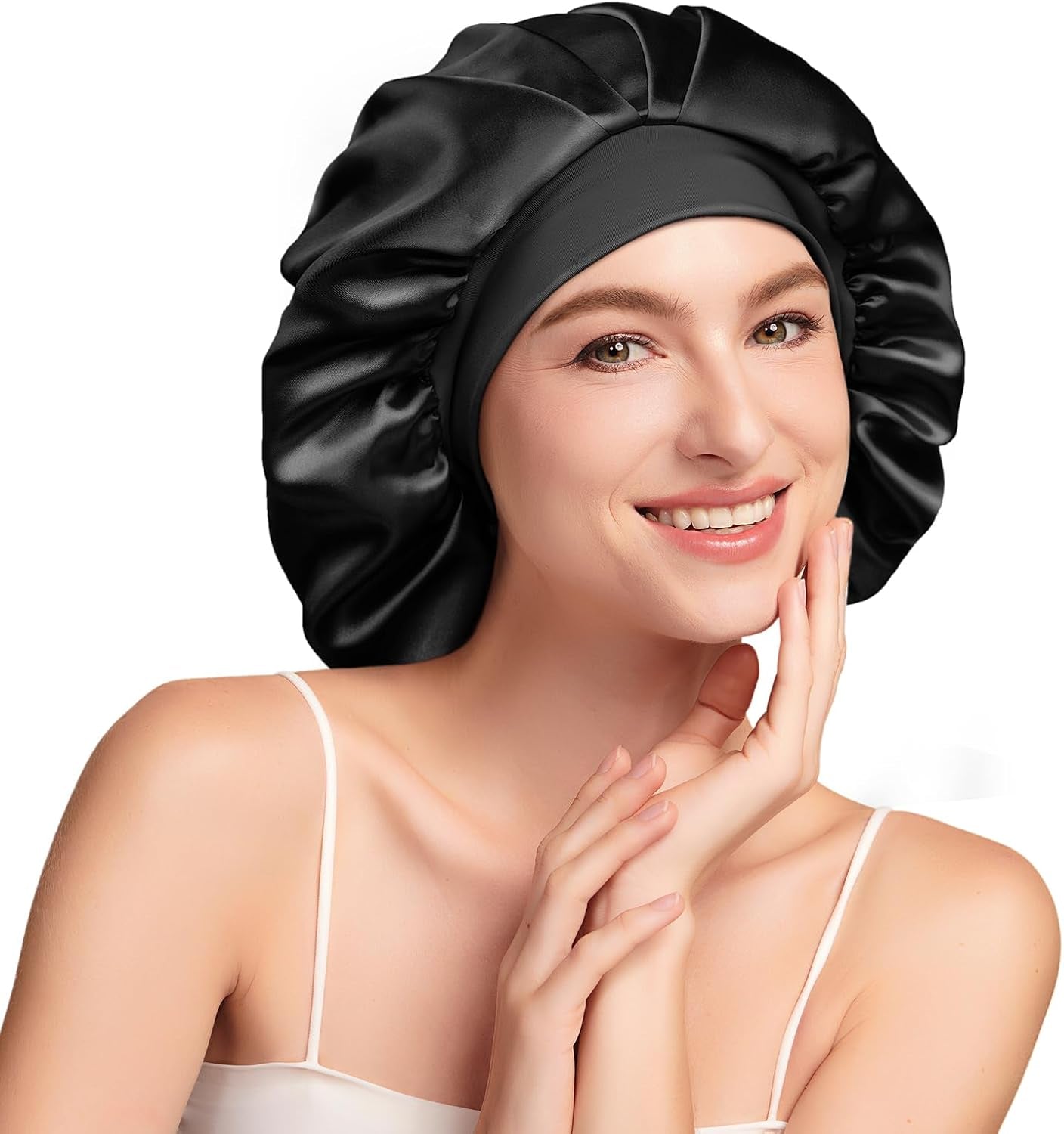 Bonnet Soie Cheveux Nuit 22 Momme, Doublure Soie De Mûrier, Doux | 100 % Soie 6A, Double Couche, Grande Taille Pour Cheveux Longs Ou Bouclés, Bande Large Réglable, Antiglisse, Noir+Violet