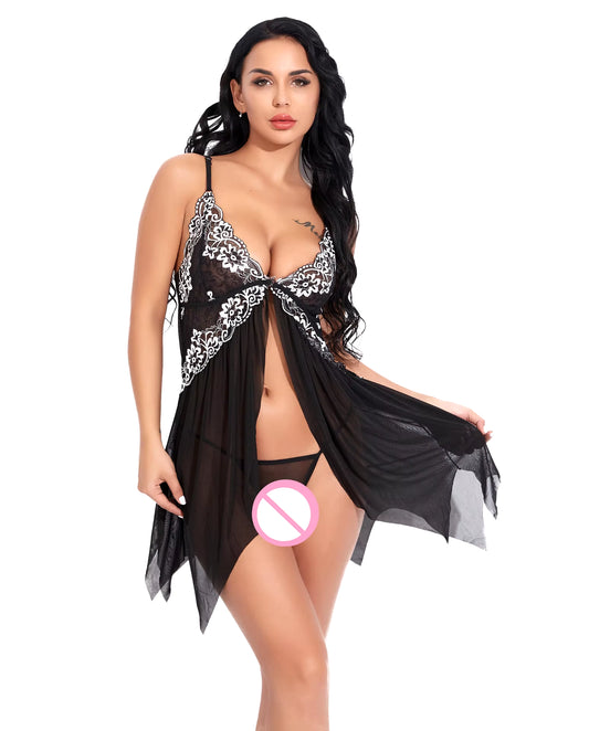 Underwear Women Sexy Lingerie Erotic Dress See-Through Lace Pajamas Sleepwear Nightdress + Thong Sexy Costumes Sex Dress