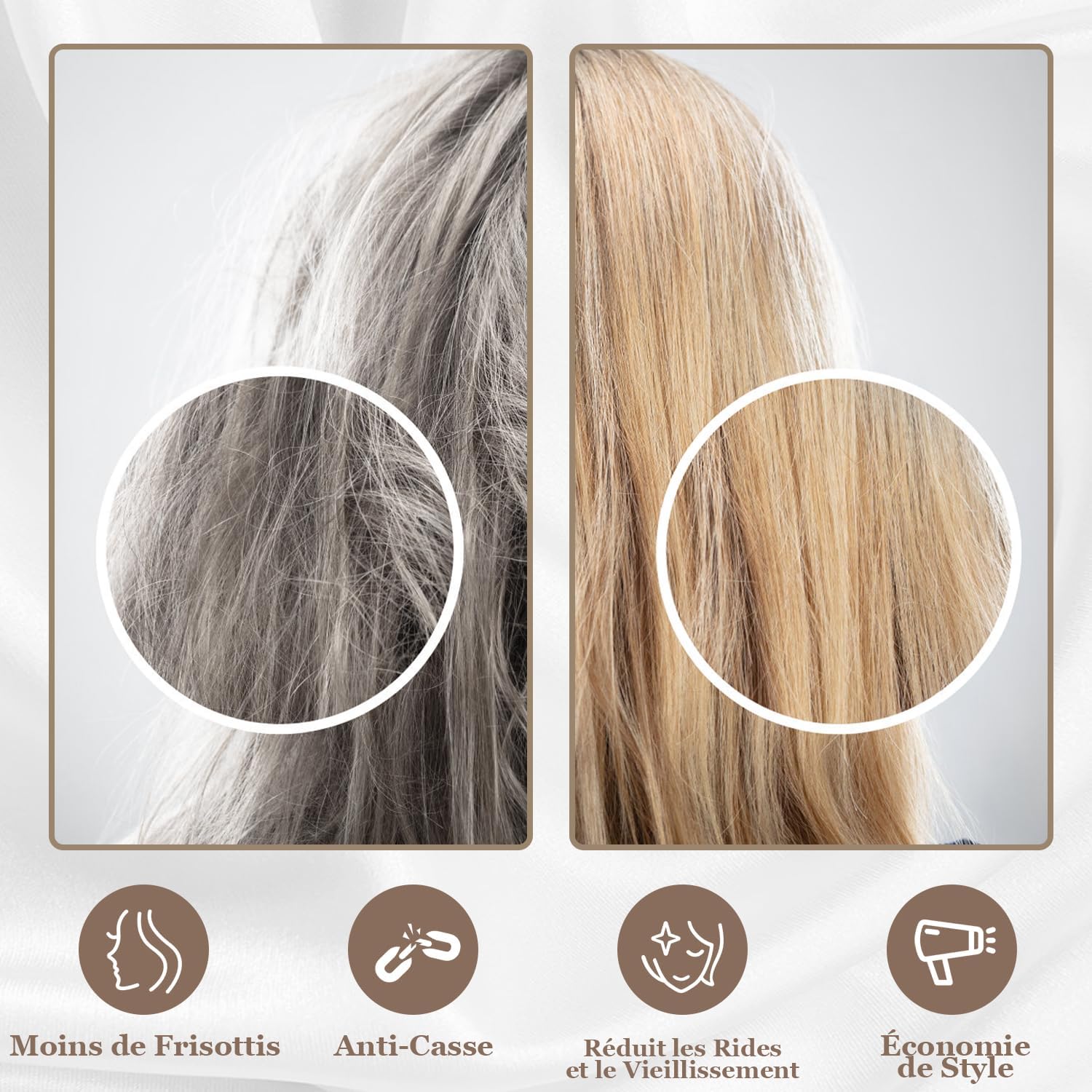 Taie Oreiller 100% Soie, 22 Momme Soie De Mûrier, Grade 6A, Taie D'Oreiller Soie Pour La Santé Des Cheveux Et De La Peau, Avec Fermeture Éclair Dissimulée (50 × 70Cm, Beige, 1 Pièce)