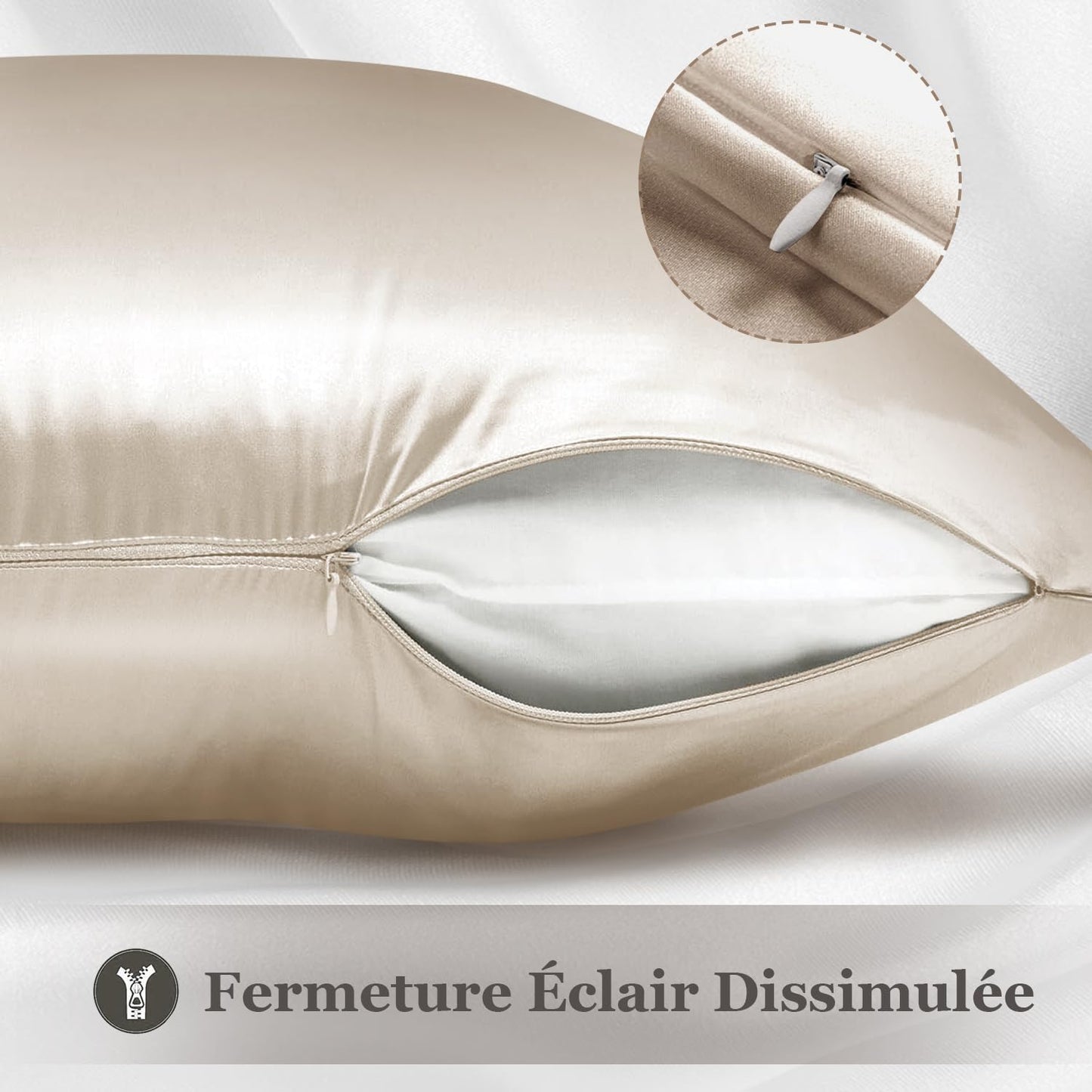 Taie Oreiller 100% Soie, 22 Momme Soie De Mûrier, Grade 6A, Taie D'Oreiller Soie Pour La Santé Des Cheveux Et De La Peau, Avec Fermeture Éclair Dissimulée (50 × 70Cm, Beige, 1 Pièce)