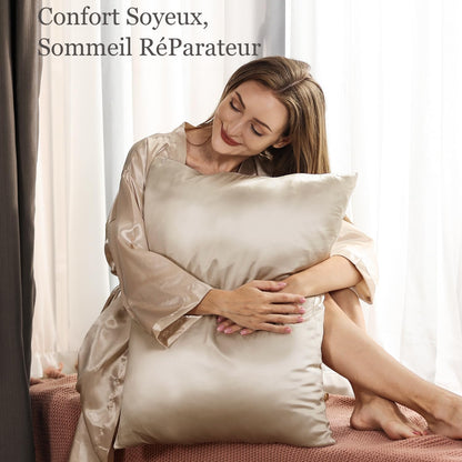 Taie Oreiller 100% Soie, 22 Momme Soie De Mûrier, Grade 6A, Taie D'Oreiller Soie Pour La Santé Des Cheveux Et De La Peau, Avec Fermeture Éclair Dissimulée (50 × 70Cm, Beige, 1 Pièce)