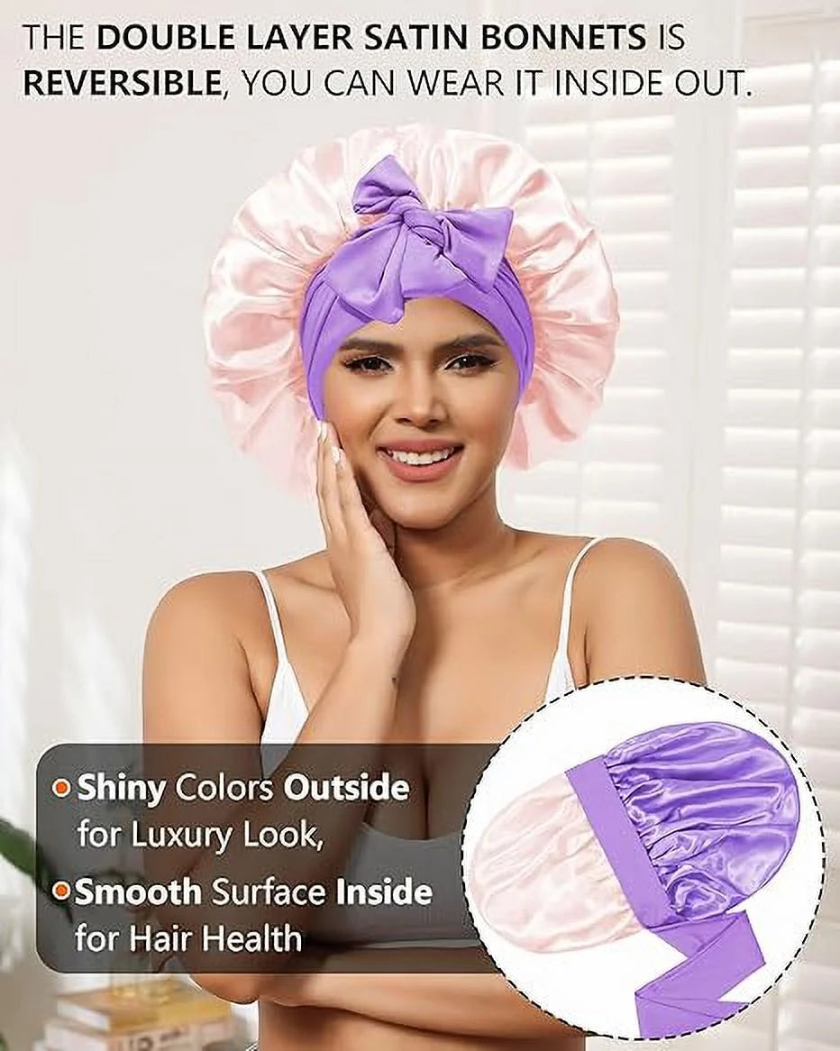 Satin Bonnet Silk Bonnet for Sleeping Silk Sleep Cap Double Layer Hair Bonnet with Elastic Tie Band