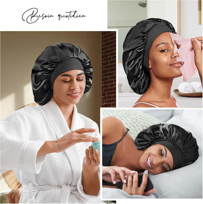 Bonnet Soie Cheveux Nuit 22 Momme, Doublure Soie De Mûrier, Doux | 100 % Soie 6A, Double Couche, Grande Taille Pour Cheveux Longs Ou Bouclés, Bande Large Réglable, Antiglisse, Noir+Violet