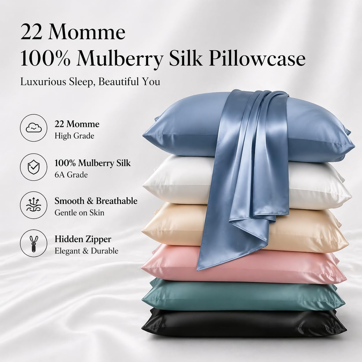 100% Mulberry Silk Pillowcase for Hair and Skin, USA, Real 22 Momme Silk Pillow Cases Queen, Not Satin Pillowcase, anti Acne,Zipper Closure, 1 Pc 20"X30" (Queen, Blue Grey)