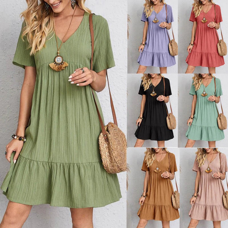 Women’s Summer Mini Dress – Casual V-Neck Ruffle A-Line Boho Beach Dress