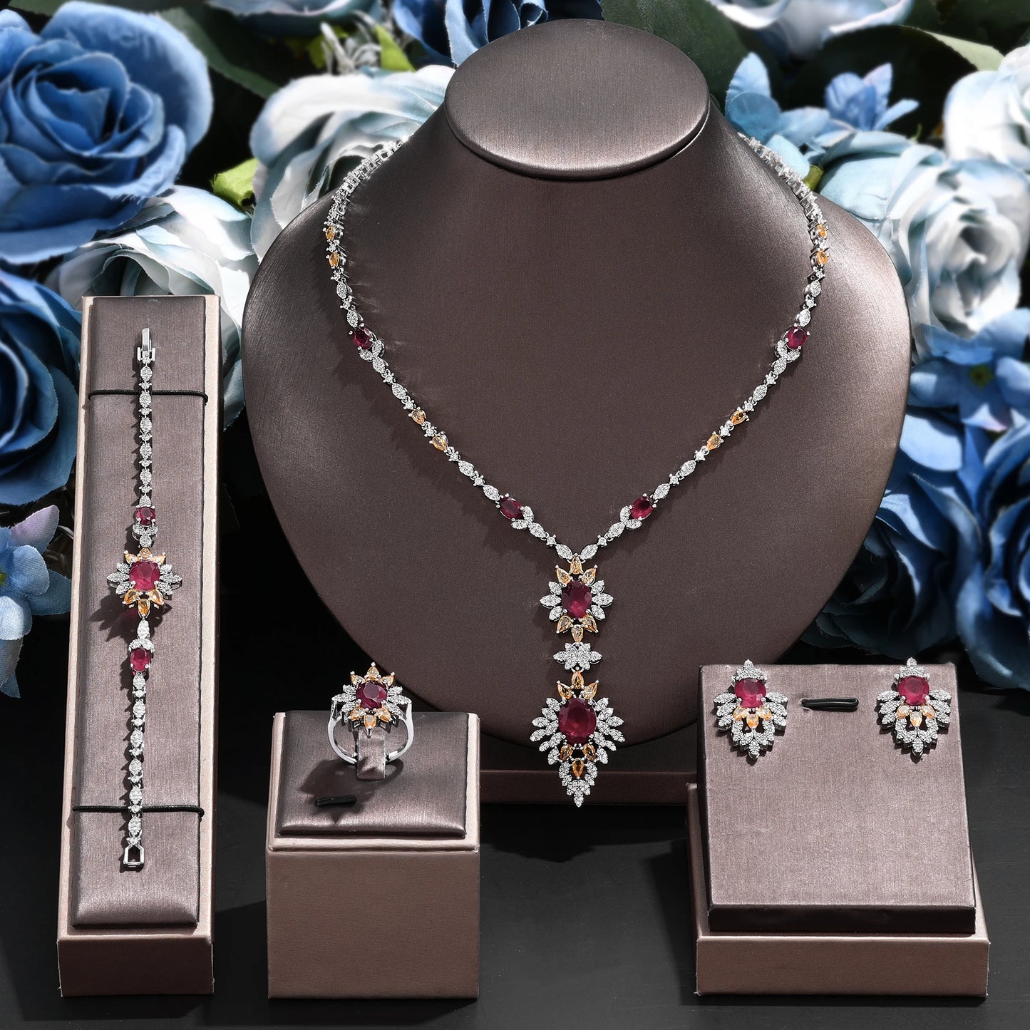 4 Piece Gorgeous Bridal Zirconia Jewellery Fashion Women's Wedding Necklace and Earrings Sets