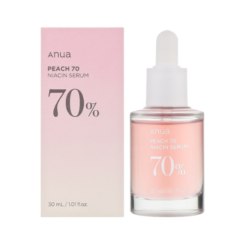 Anua Peach 70% Niacinamide Serum – lightweight pink serum with peach extract and niacinamide