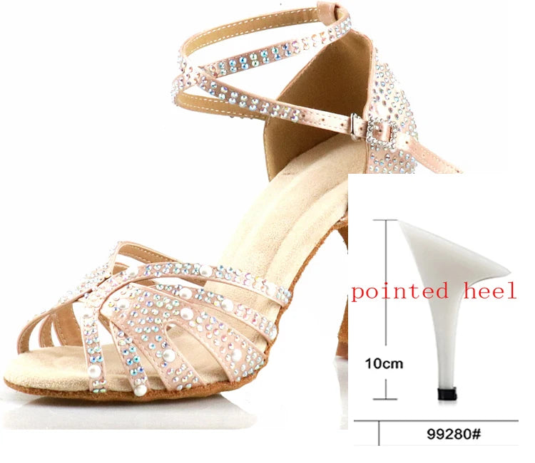 WUXIJIAO Women Latin Dance Shoes Rhinestones Soft Bottom Salsa Shoes For Dancing Ladies Sandals Women's Wedding Hight Heels 7.5C