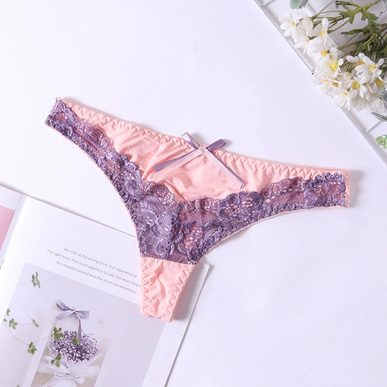 Lace Mid-Rise Thong Panties with Bow Detail - Sheer Lingerie for Women in Cotton Blend