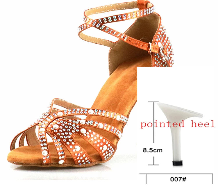 WUXIJIAO Women Latin Dance Shoes Rhinestones Soft Bottom Salsa Shoes For Dancing Ladies Sandals Women's Wedding Hight Heels 7.5C