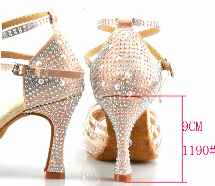 WUXIJIAO Women Latin Dance Shoes Rhinestones Soft Bottom Salsa Shoes For Dancing Ladies Sandals Women's Wedding Hight Heels 7.5C