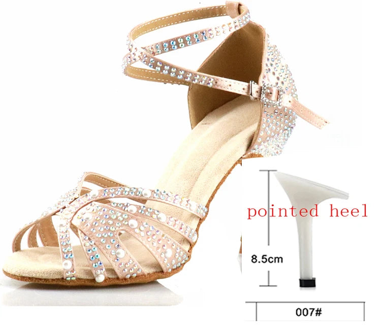 WUXIJIAO Women Latin Dance Shoes Rhinestones Soft Bottom Salsa Shoes For Dancing Ladies Sandals Women's Wedding Hight Heels 7.5C