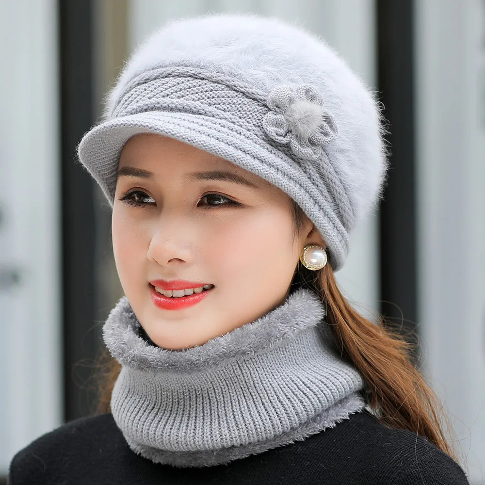 New Women Winter Hat Keep Warm Cap Add Fur Lined Hat & Scarf Warm Set