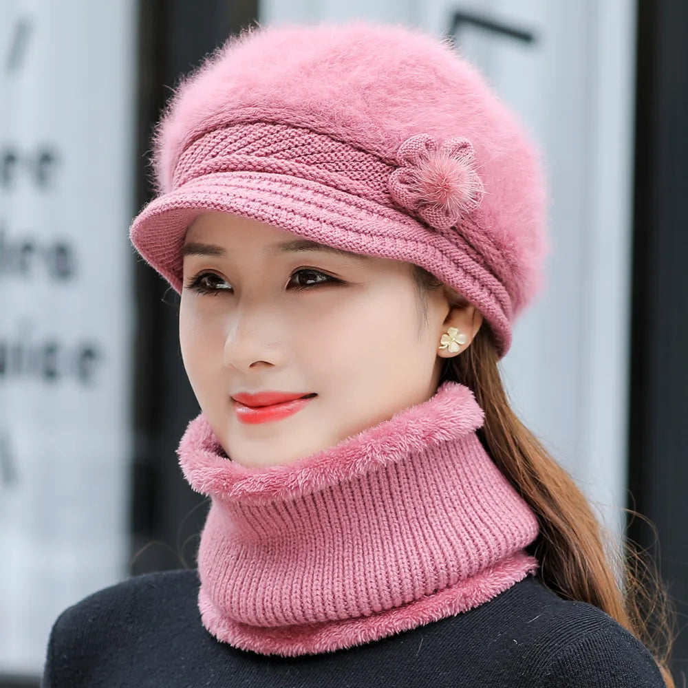 New Women Winter Hat Keep Warm Cap Add Fur Lined Hat & Scarf Warm Set