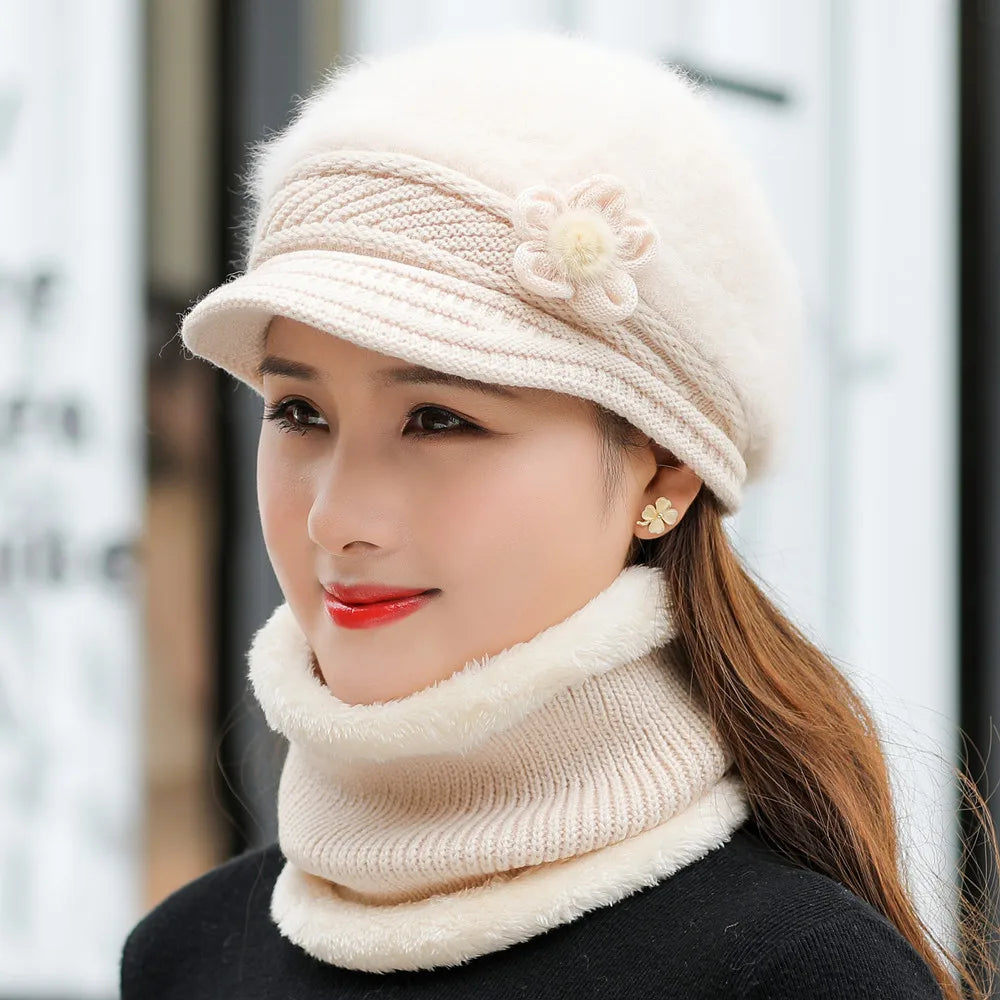 New Women Winter Hat Keep Warm Cap Add Fur Lined Hat & Scarf Warm Set