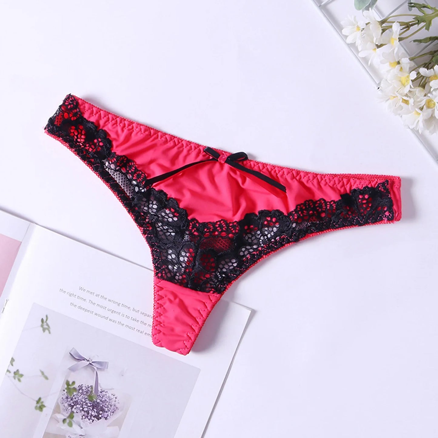 Lace Mid-Rise Thong Panties with Bow Detail - Sheer Lingerie for Women in Cotton Blend