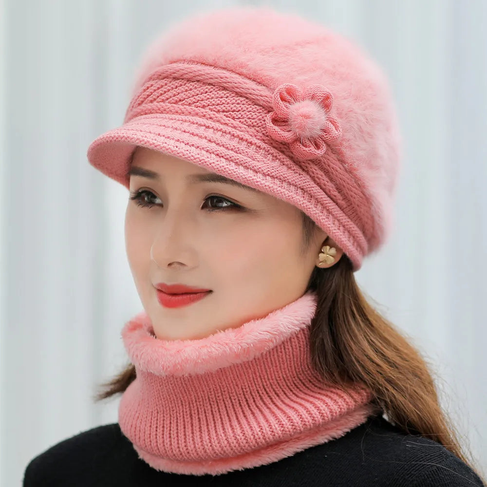 New Women Winter Hat Keep Warm Cap Add Fur Lined Hat & Scarf Warm Set