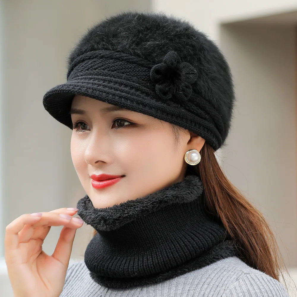 New Women Winter Hat Keep Warm Cap Add Fur Lined Hat & Scarf Warm Set