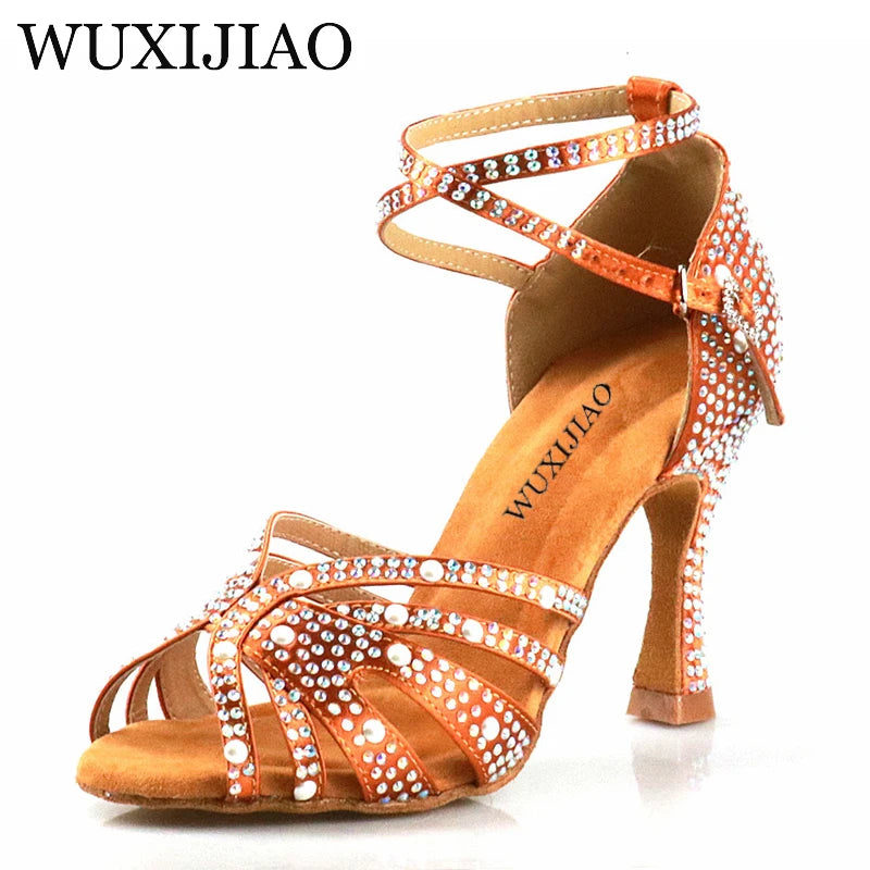 WUXIJIAO Women Latin Dance Shoes Rhinestones Soft Bottom Salsa Shoes For Dancing Ladies Sandals Women's Wedding Hight Heels 7.5C