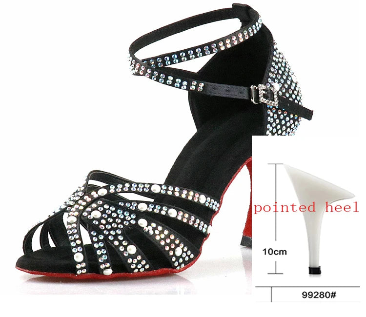 WUXIJIAO Women Latin Dance Shoes Rhinestones Soft Bottom Salsa Shoes For Dancing Ladies Sandals Women's Wedding Hight Heels 7.5C