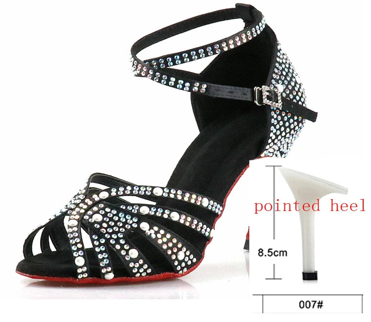 WUXIJIAO Women Latin Dance Shoes Rhinestones Soft Bottom Salsa Shoes For Dancing Ladies Sandals Women's Wedding Hight Heels 7.5C