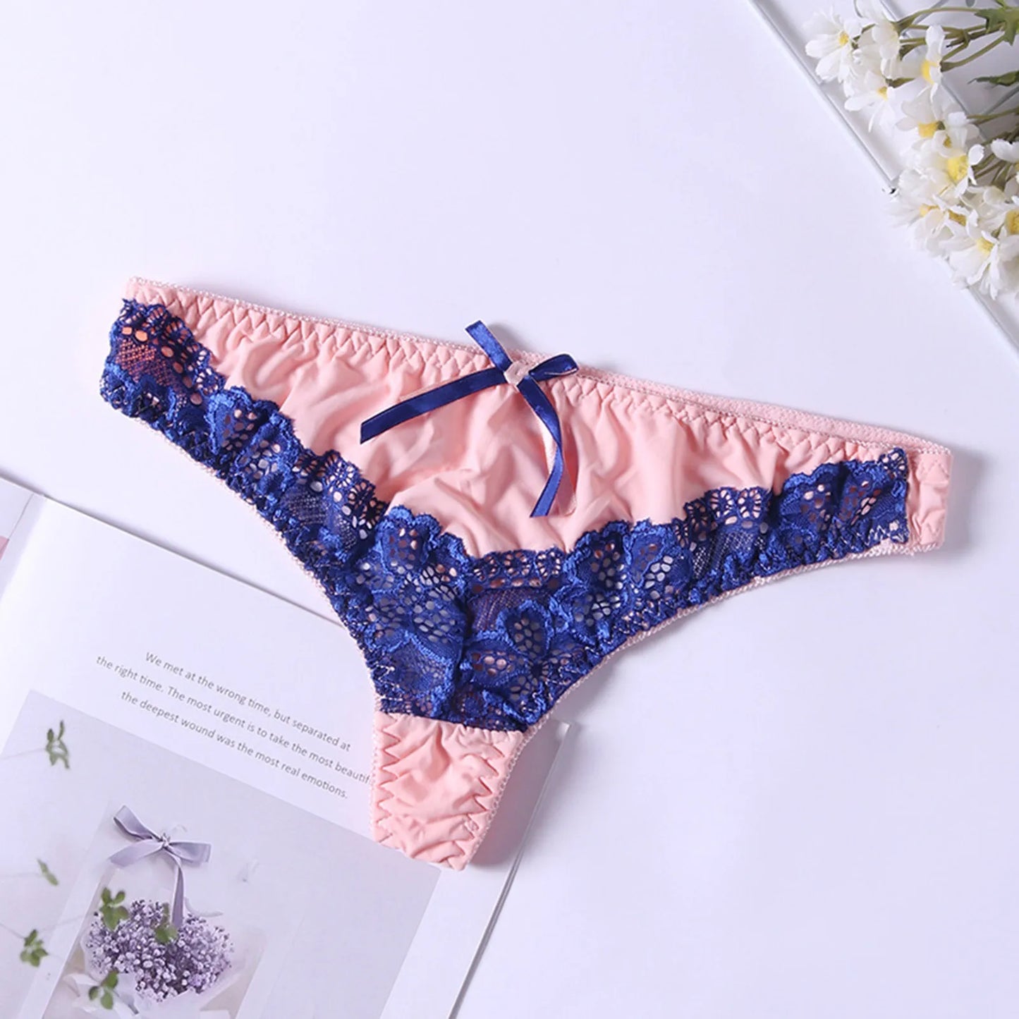 Lace Mid-Rise Thong Panties with Bow Detail - Sheer Lingerie for Women in Cotton Blend