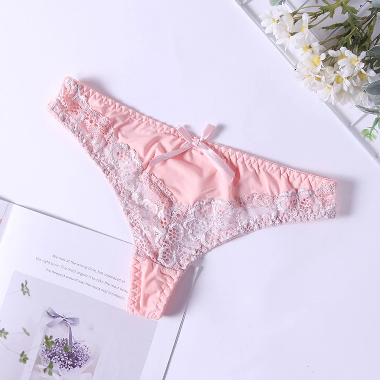 Lace Mid-Rise Thong Panties with Bow Detail - Sheer Lingerie for Women in Cotton Blend