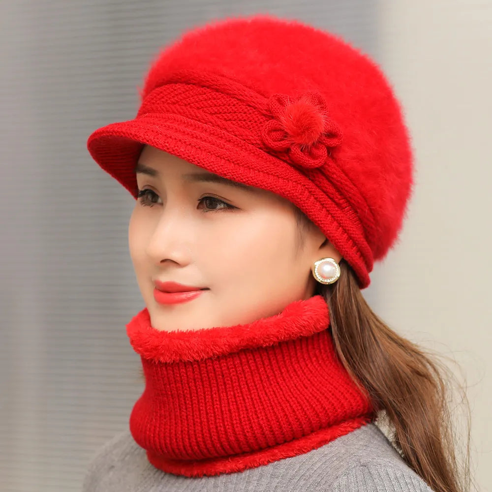 New Women Winter Hat Keep Warm Cap Add Fur Lined Hat & Scarf Warm Set