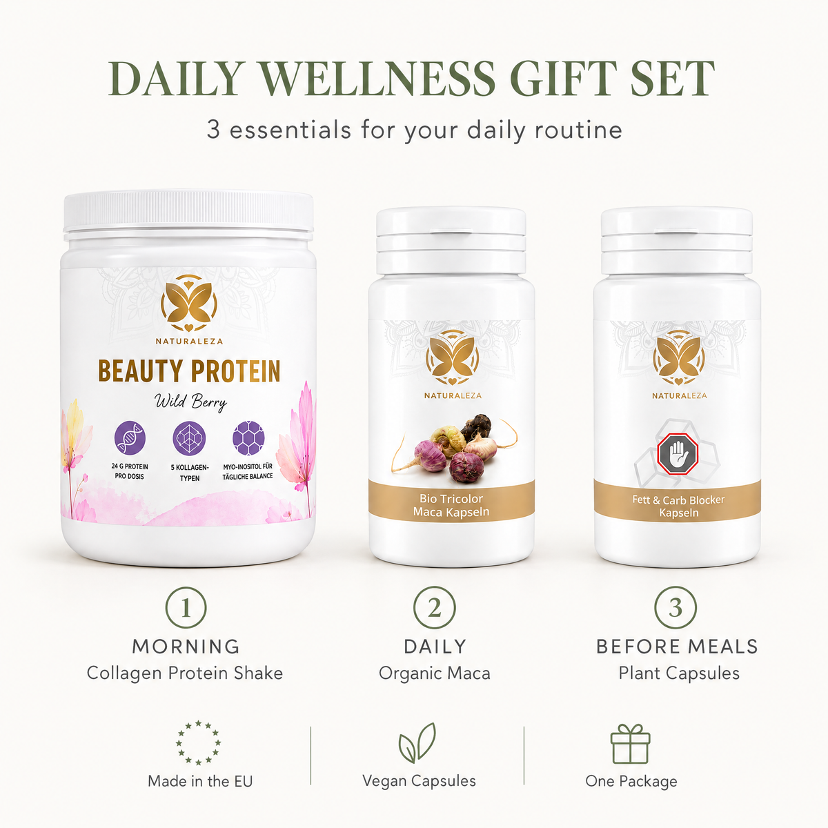 Daily Wellness Geschenkset – Protein, Maca & Pflanzenkapseln