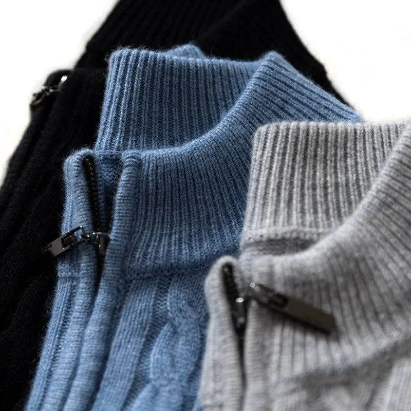 Soft Cashmere Sweater Autumn Winter Men's Thickening Half High Collar Zipper Knit Sweater Bottoming Top Woollen Clothes