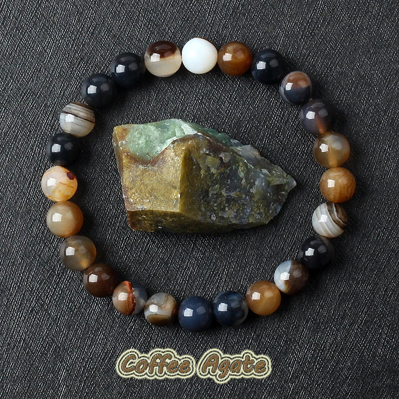 Nature Coffee Agates Stripes Onyx Bracelets Men Coffee Onyx Stripe Agates Stone Loose Beads Strand Bracelets for Women (17cm-6.7inch)