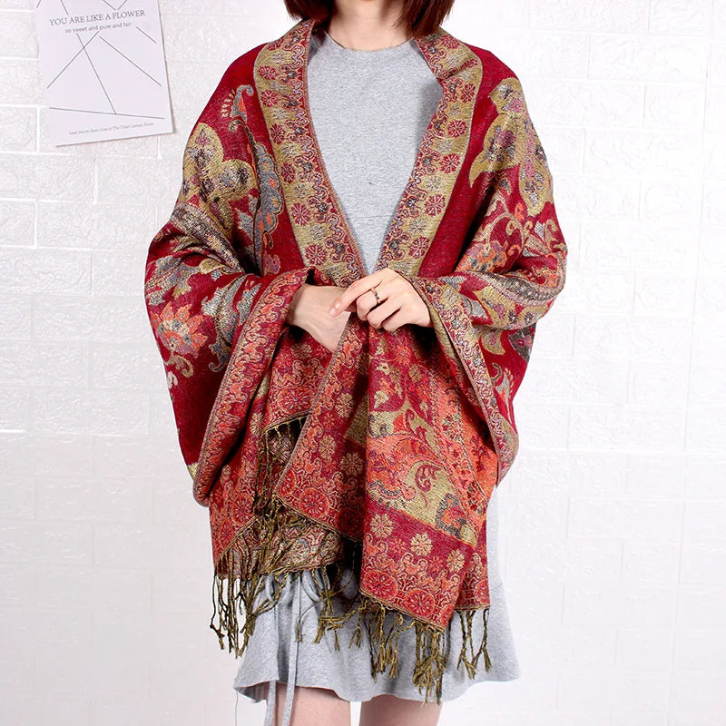 Paisley Pashmina Shawl Jacquard Flowers Borders Female Tassel Blanket Wraps Ethnic Shawls