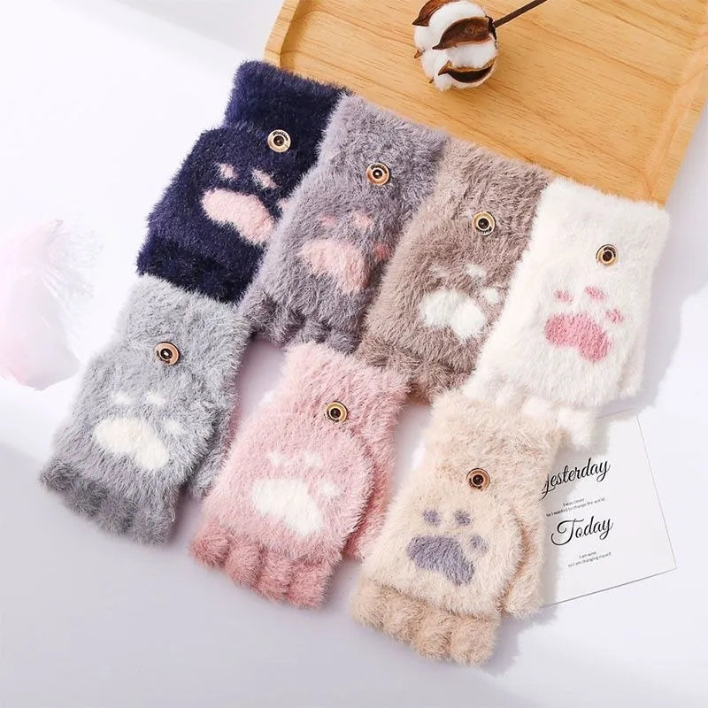 Thicken Women Warm Cat Gloves Fashion Girls Cat Claw Paw Plush Mittens Soft Plush Short Fingerless Half Finger Winter Gloves